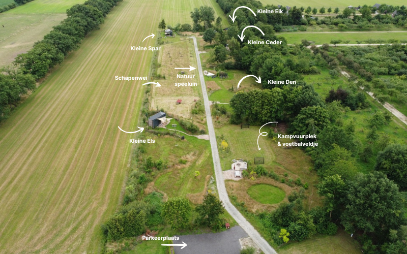 Plattegrond van terrein met tiny houses met hottub in Drenthe